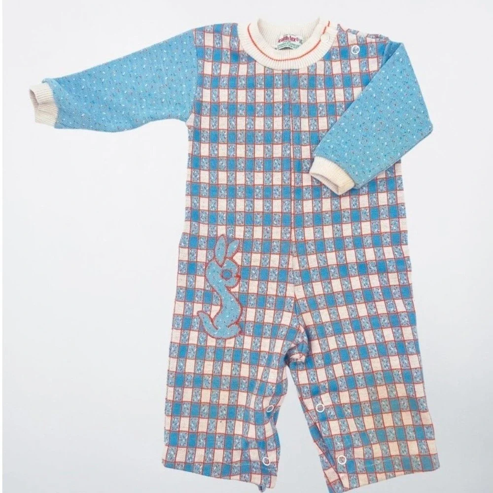 Vintage‎ Health-Tex Stantogs Baby Romper 12 Months Blue Orange Check Bunny USA